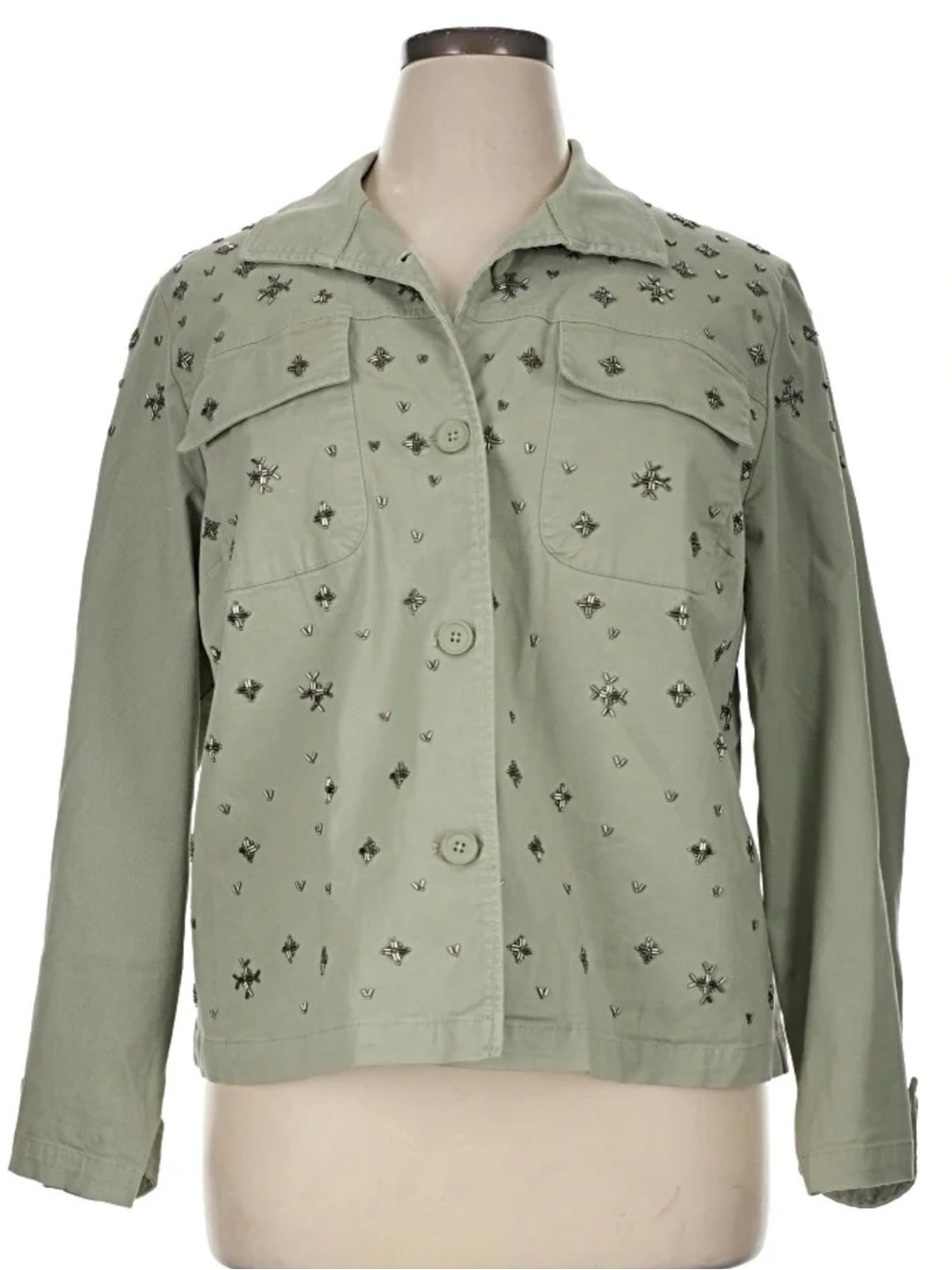 Chico’s Jacket Beaded Embellished Olive Green Size 1